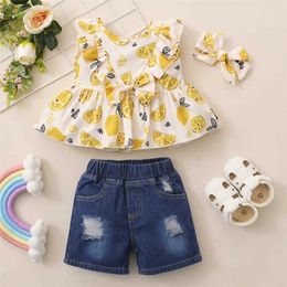 Clothing Sets 3PCS Lovely Outfit Kids Girl Lemon Print Sleeveless Top+Denim Shorts+Headband Fashion Summer Clothes for Toddler Girl 1-4Years Y2405200W70
