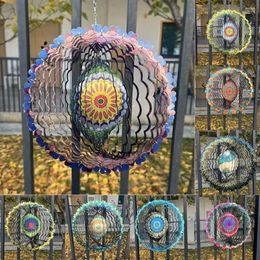 Garden Decorations 3D Colour Iron Wind Chime Mandala Pattern Spinner Wall Hanging Decor Creative Art Windmill Home