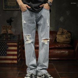 Men's Jeans Light Blue Personality Classic Ripped Summer Thin American Street Loose Straight Leg Casual Long Pants