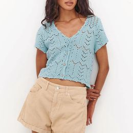 Women's T Shirts Women Y2K Short Sleeve Tie Front Crochet Crop Top Button Down Hollow Out Knitted Cardigan Open Bowtie Shirt