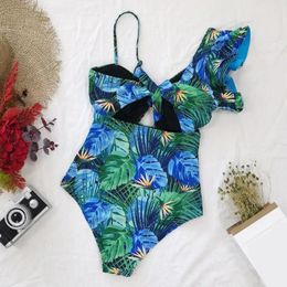 Women's Swimwear Smooth One-piece Swimsuit Tropical Leaves Print V-neck Monokini Ruffle Sleeve For Women Sexy Beachwear