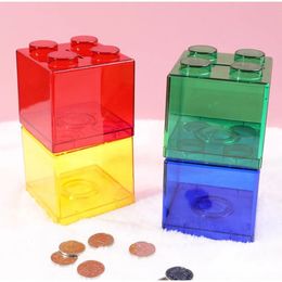 Byggnadsblock Pengar Boxning Transparent Plastblock Piggy Bank Coin Storage Case Kid Toy Gift Change Boxes Home Decor 240516