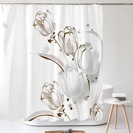 Shower Curtains 1PC White Floral Curtain With Plastic Hook - Modern Abstract Design Chic Bathroom Decoration