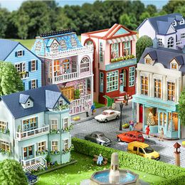 DIY Mini Wooden Dollhouse With Furniture Light House Casa Assembly Pink Princess Villa Architecture Doll Houses Toys Gifts