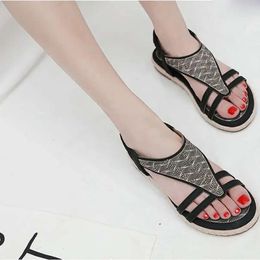 Plus Fashion Rhinestone Size 35-42 Low Heel Flat 2024 Women's Sandals Casual Female Slip Ons Comfortable So e90