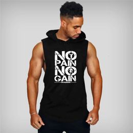 Brand Gyms Clothing Mens Bodybuilding Hooded Tank Top Cotton Sleeveless Vest Sweatshirt Fitness Workout Sportswear Tops Male 240510