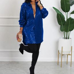 Casual Dresses 2024 Women Sequin Shirts Dress Rave Party Club Outfits Fashion Turn Down Collar Shiny Sequins Single Breasted Loose Sexy