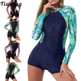 Women's Swimwear Women One-piece Athletic Swimsuit Long Sleeve Soft Chest Pads Floral Print Surfing Bathing Suit UPF 50 Rash Guard