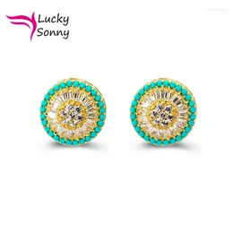 Stud Earrings Brazil Joyeria Silver Jewelry White CZ Brincos Micro Paved Gold Color Aretes Screw Back Round Pizza