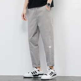 Men's Pants Spring Autumn Clothing Solid Colour Elastic High Waist Pockets Casual Trousers Straight Cargo Preppy Style Vacation
