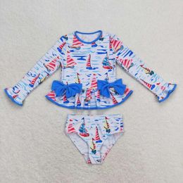 Clothing Sets Wholesale Swimming Western Boutique For Baby Girls Clothes Sailboat Blue Bow White Long-sleeved Swimsuits