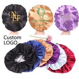 Custom Stain Bonnet Silk Hair Bonnet With Adjustable Strap 32Cm Big Size Sleeping Cap Hair Bonnets Head Hair Covers Hat 240506