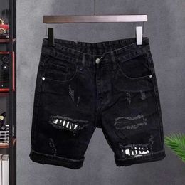 Men's Shorts Mens open front denim shorts fashionable summer ultra-thin shorts with Distressed open front design holes Korean short jeans mens Q240520