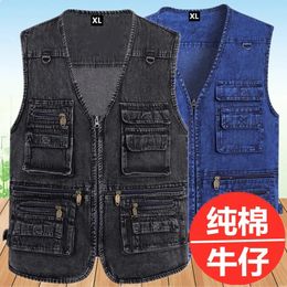 Mens Autumn Black Cotton Denim Vest Multi-Pocket Fishing Pography Casual Vest 240520