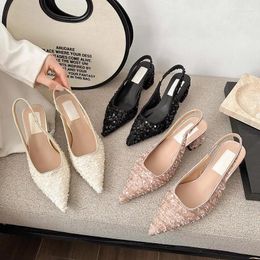 Casual Shoes Beige Heeled Sandals Slip-on Loafers Summer Women's Lady 2024 Black Elastic Band Retro Low Girls Velvet Clear Comfort