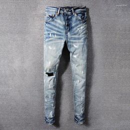 Men's Jeans High Street Fashion Patched Vintage Blue Elastic Tight Split Broken Hole Splicing Designer Hip Hop Brand
