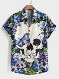 Men's Casual Shirts Hawaiian Personalized Skull Floral Print And Women's Short-sleeved Seaside Lapel Button-down Shirt Tops