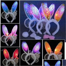 Party Favor Led Light Flashing Fluffy Rabbit Ears Headband Sequins Headdress Bunny Costume Accessory Cosplay Christmas Supply Drop D Dhamt