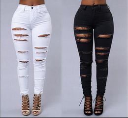 High Street Women Skinny Jeans Sexy Ripped Skin Tight Jeans Fashion Black and White Pencil Denim Pants2968626