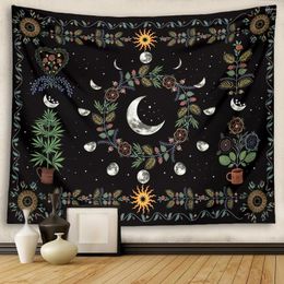 Tapestries Moon Phase Botanical Tapestry Wall Hanging Celestial Floral Sun Starry Aesthetic Hippie Carpets Dorm Home Decor