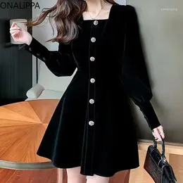 Casual Dresses Onalippa Square Collar High Waist Velvet Dress Puff Long Sleeves A Line Mini Korean Chic Design Vestidos