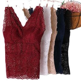 Camisoles & Tanks V-neck Tank Top Skeleton With Pads Spaghetti Straps All-Match Sexy Lace Long Bra Crochet Vest Inside Wear