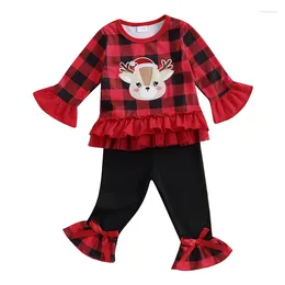 Clothing Sets Pudcoco Toddler Kids Baby Girls Christmas Pants Long Sleeve Elk Embroidery Plaid Tops Flared 1-5T