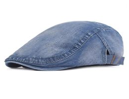 Fashion New Men Women Denim Beret Newsboy Ivy Cap Washed Cloth Distress Forward Hat Flat Driving Peaked Cap Drop 1045241