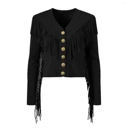 Women's Jackets Black Knitted Coat Autumn/Winter Fragrant Celebrity Metal Button Top Design Sense Tassel V-neck Elastic Slim Cardigan