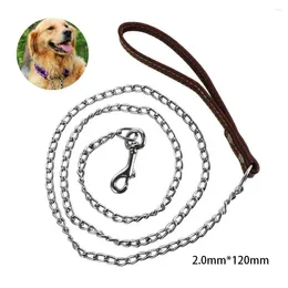 Dog Collars Heavy Duty Metal Chain Lead With Leather Handle Long Strong Control Leash Outdoor Pet Traction Rope Anti Bite Supplies