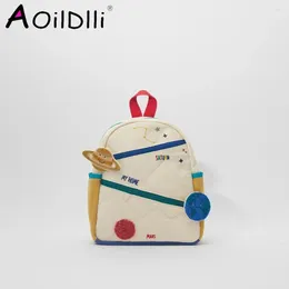 Backpack Children's Stitching Cotton Canvas Earth Star Ball Embroidery Cute Girl Colour Matching Casual Small School Bag