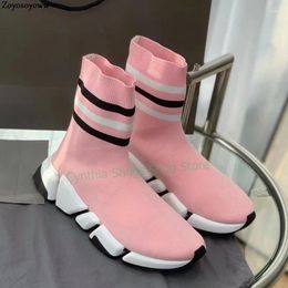 Boots Women Stretch Knitted High-Top Sock Sneakers Stripe Thick Toe Comfortable Sporty Shoes Female Slip On Spring Ankle