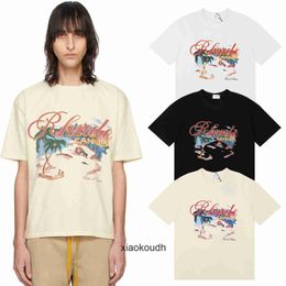 Rhude High end designer T shirts for 2024 Summer New Meichao Beach Coconut Tree Printed Yarn Pure Casual Short sleeved T-shirt Unisex With 1:1 original labels