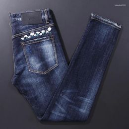 Men's Jeans Street Fashion Split High Quality Retro Blue Elastic Tight Embroidery Designer Hip Hop Brand Pants Hombr