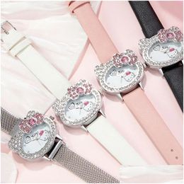 Childrens Gift Watch 2024 New Cartoon Cat Student Spicy Girl With Diamond Bow Womens Element Mizuo Iron Stone Drop Delivery Toys Gifts Otniv
