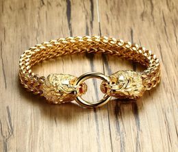 Antique Double Lion Head Herringbone Chain Bracelet For Men Stainless Steel Gold Tone Hip Hop Punk Men Jewellery 225cm T1907024307854