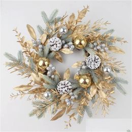 Decorative Flowers Wreaths 2024 Christmas Wreath For Front Door Artificial Golden Flower Garland Pinecone Rattan Set Hanging Outdo Dhyfh