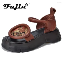 Sandals Fujin 5cm Summer Loafer ROME British Platform Wedge Mary Jane Hook Shoes Stretch Fabric Genuine Leather Women Moccasins