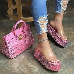 Slippers 2024 Thick-soled Printed One-flip-flops Large Size Mid-heel Transparent Ladies Sandals And Women Shoes