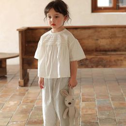 Clothing Sets 2-7T Girl's Cotton Fabric 2piece Set Casual Summer Loose Lace Collar Drop Shoulder T-shirt Elastic Vertical Stripes Harlan