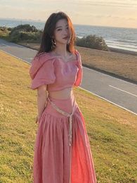 Work Dresses French Off Shoulder Pink Suit Skirt Women Vacation Spicy Girl Bubble Sleeve Top Skirts Sweet Temperament Summer Two Piece Set