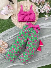 Clothing Sets Girls Summer New Childrens Suit Tops Big Butterfly Suspenders Watermelon Style Pants Two-Piece 2-6 Years Old Y2405200X87