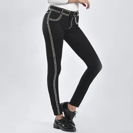 Women's Jeans Black Rivet Skinny Woman Side Stripe Boyfriend High Street Moto Biker Punk Club Wear