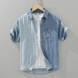 Men's Casual Shirts 2024 Cotton Denim For Men Fashion Striped Patchwork Short Sleeve Shirt Man Loose Large Size Button-up