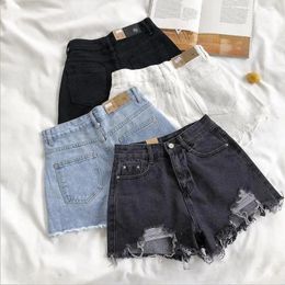 Women's Shorts Ripped Denim Retro High Waist For Women A-line Solid Colour Button Zipper Closure Slim Fit Summer