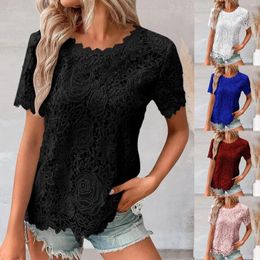 Women's T Shirts Fashion Summer Loose Tee Casual Shirt Blouse Lace Top Crochet Crew Neck Short Sleeve Vintage Ladies Outfits
