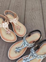 Casual Shoes 2024 Sandals Low-Heeled With Strap Large Size All-Match Bling Summer Rhinestone Big Flat Comfort Beac