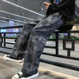Men's Jeans Men Retro-inspired Denim Trousers Mid-rise Elastic Waist Irregular Square Pattern Straight Wide Leg
