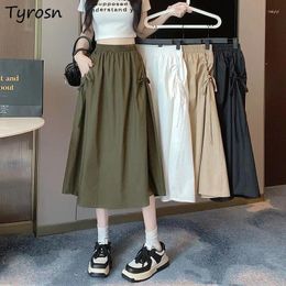 Skirts Women Summer Shirring Design 4 Colours Chic Simple Ladies Daily Empire Midi Casual A-line Solid Korean Style Stylish Retro