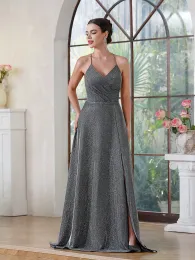 Sparkle Grey Mermaid brudtärna klänningar Elegant ärmlös veck Front Split Maid of Honor Gowns Satin Evening Prom Dress BM3218 5